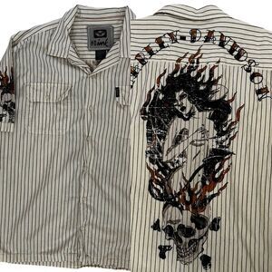 Harley Davidson 2010 Mens Button Up Embroidered Sz 2XL Girl Skull‎ Motocycle Art